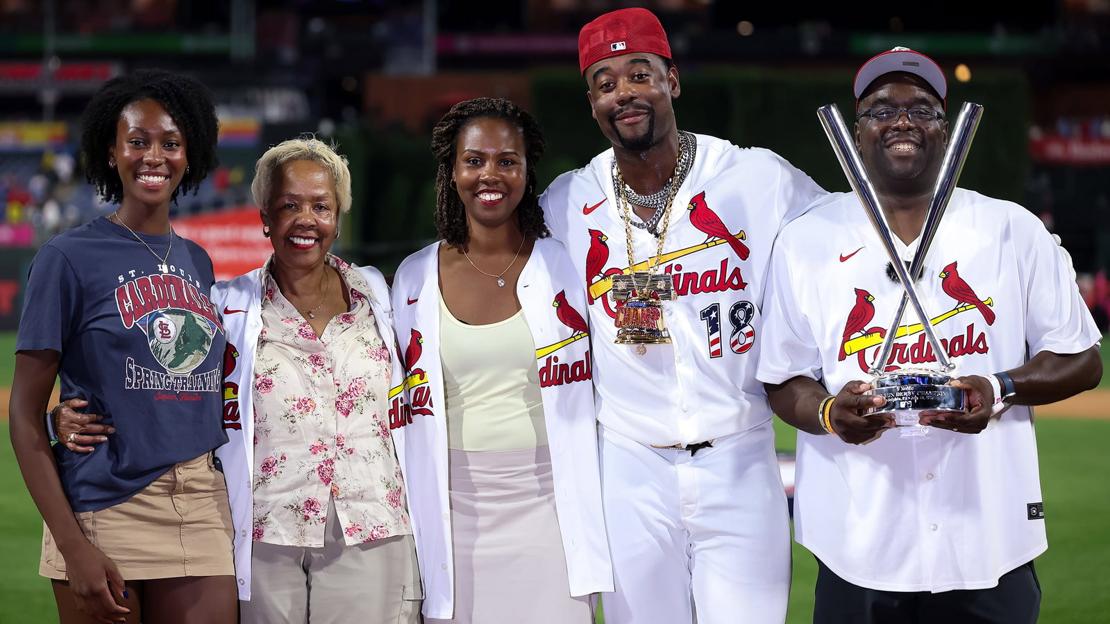 Jordan Walker poses with his family after winning the Home Run Derby