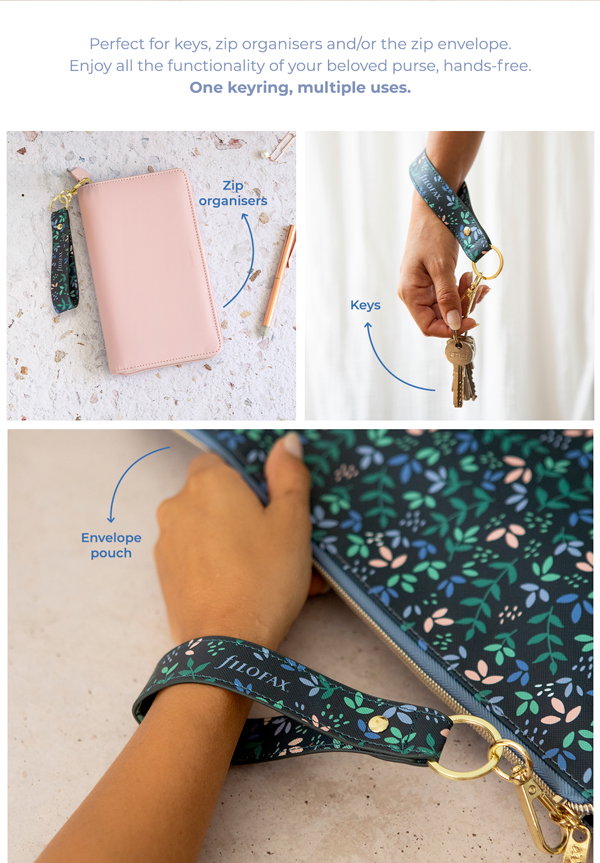 Perfect for keys, zip organisers and/or the zip envelope. Enjoy all the functionality of your beloved purse, hands-free. One keyring, multiple uses.