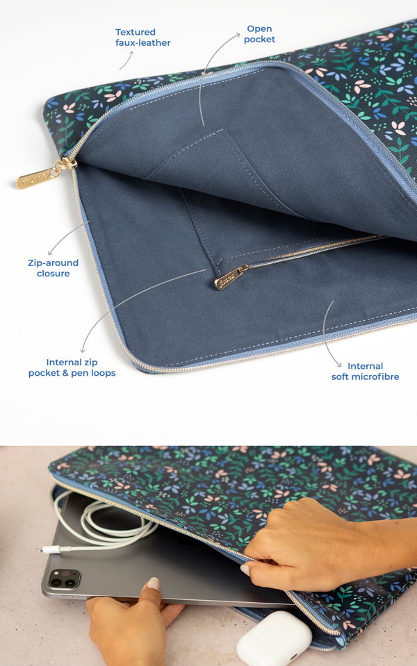  Textured faux-leather - Open pocket - Zip-around closure - Internal zip pocket & pen loops - Internal soft microfibre Shop our Garden Envelope Pouch