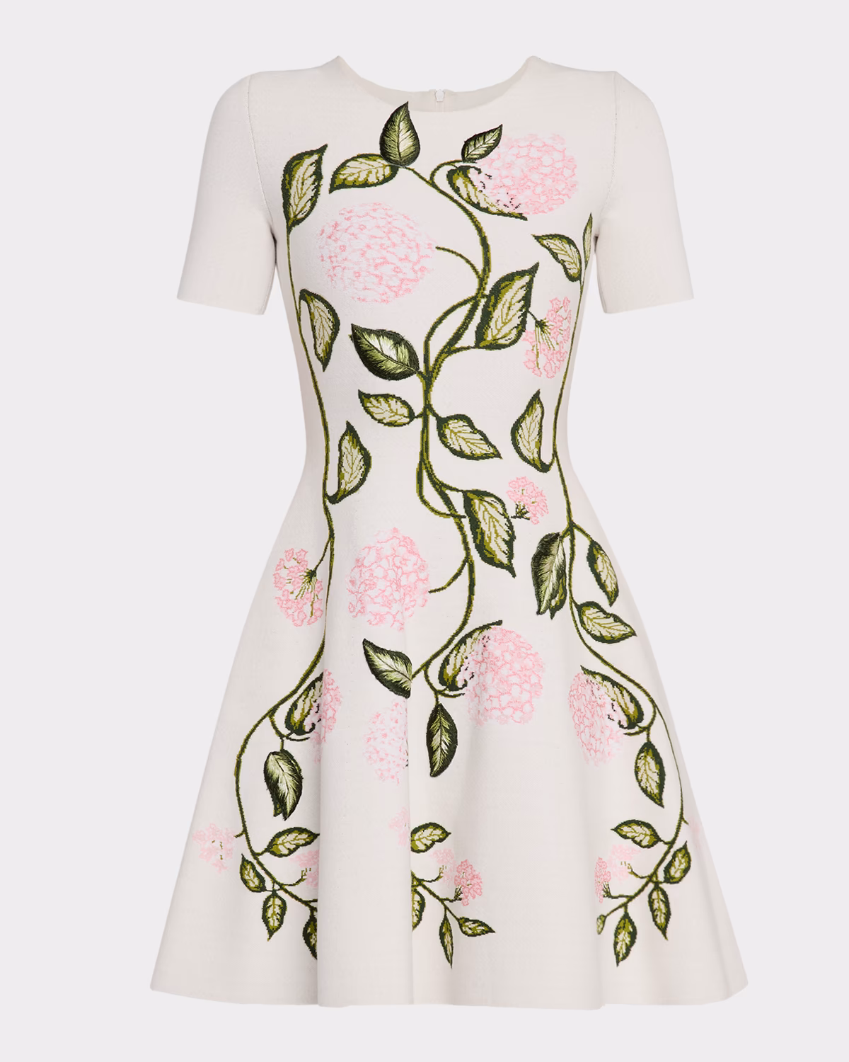 Short-Sleeve Porcelain Flower Knit Mini Dress