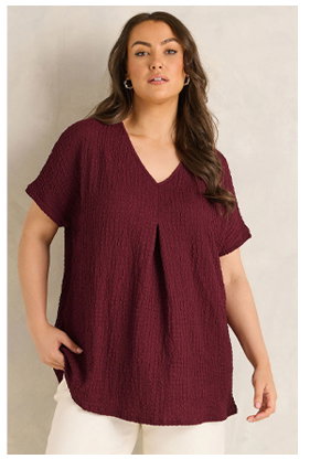 EVANS Curve Berry Red Pleat Front Swing Top