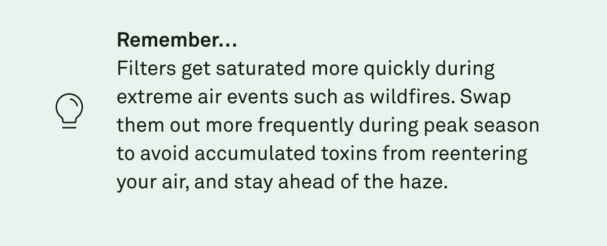 Swap out your filters more frequently during peak season to avoid accumulated toxins from reentering your air and stay ahead of the haze