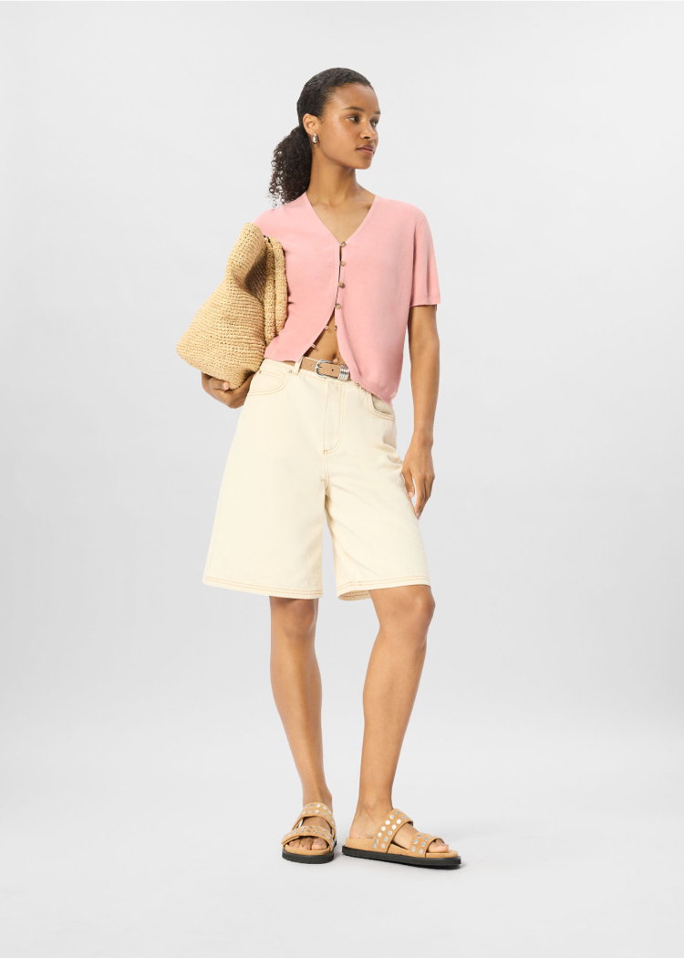 Pink Short Sleeve Button Front Knit