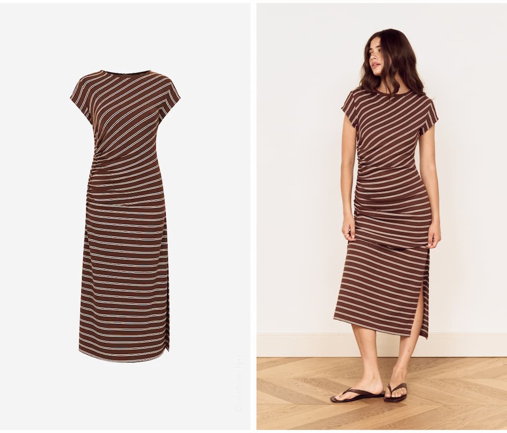 Striped Jersey Ruched Midi Dress
