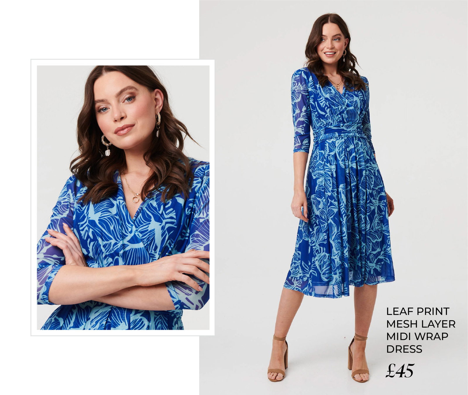 Leaf Print Mesh Layer Midi Wrap Dress | Shop Now