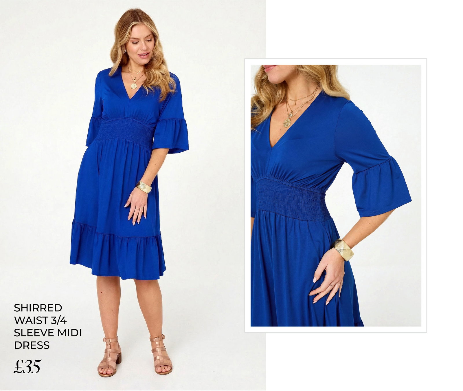 Shirred Waist 3/4 Sleeve Midi Dress | Shop Now