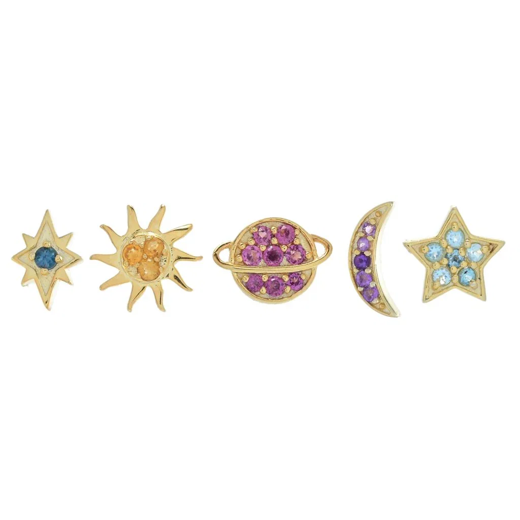 Image of 18K Gold Plated Set of 5 Gemstone Celestial Single Stud Earrings