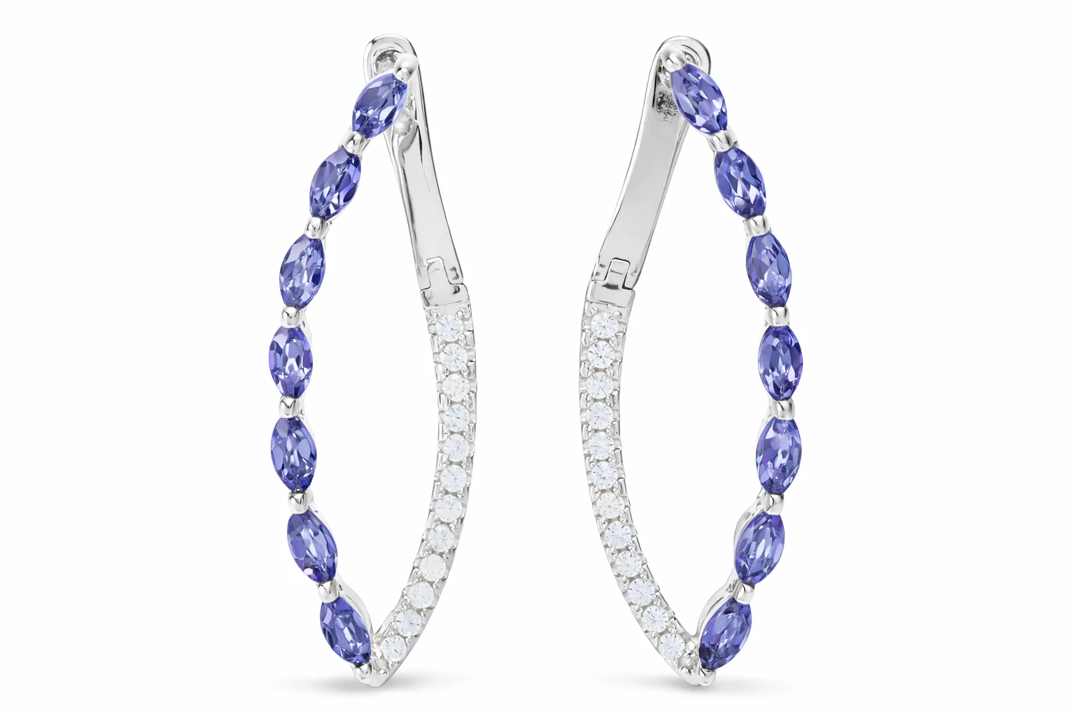 Image of Platinum Plated 1.63ctw Tanzanite Marquise Shape Forward-Facing Hoop Earrings