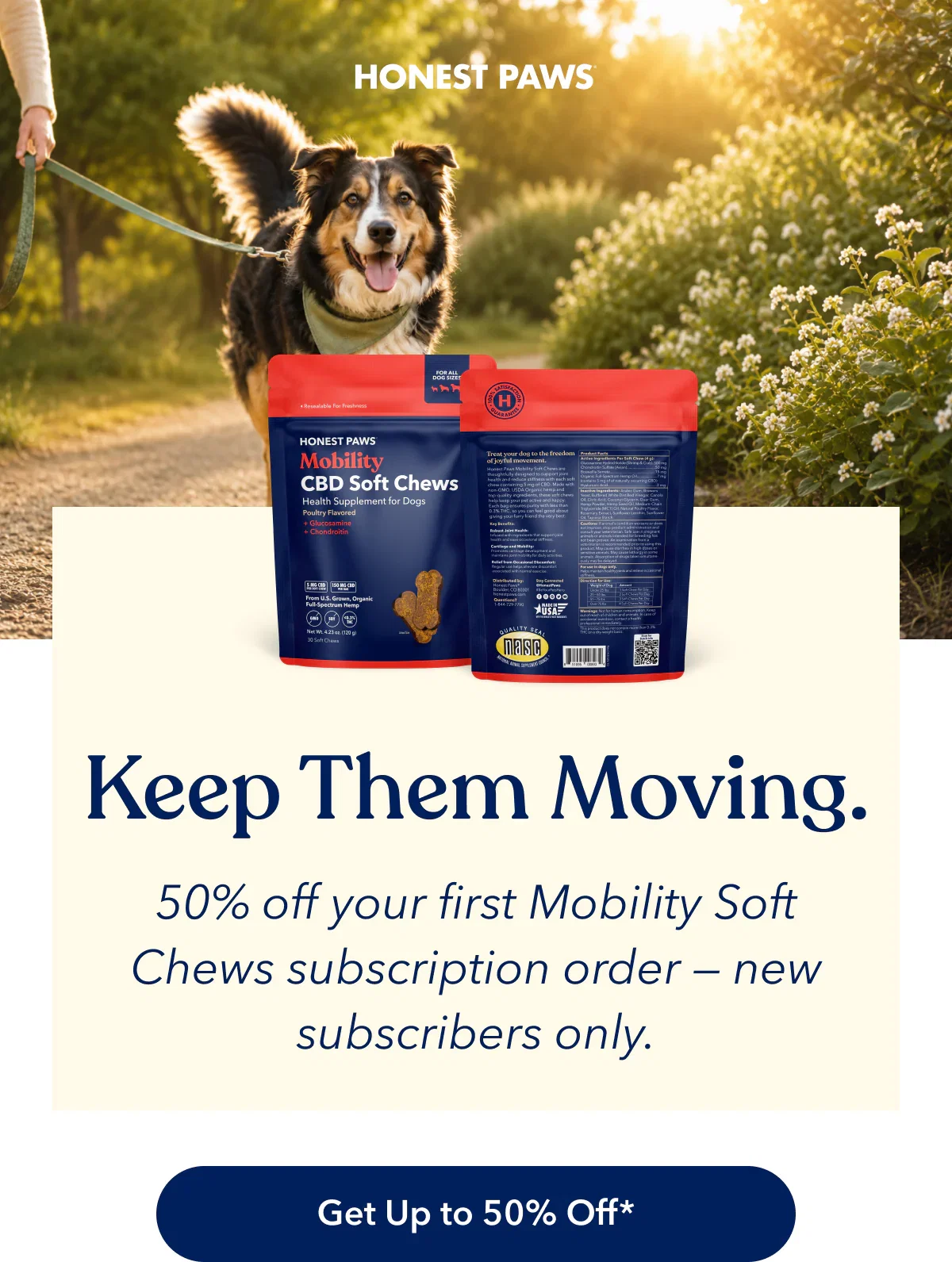 Mobility Soft Chews First-Order 50 — Launch — 50% off first Mobility Soft Chews subscription order