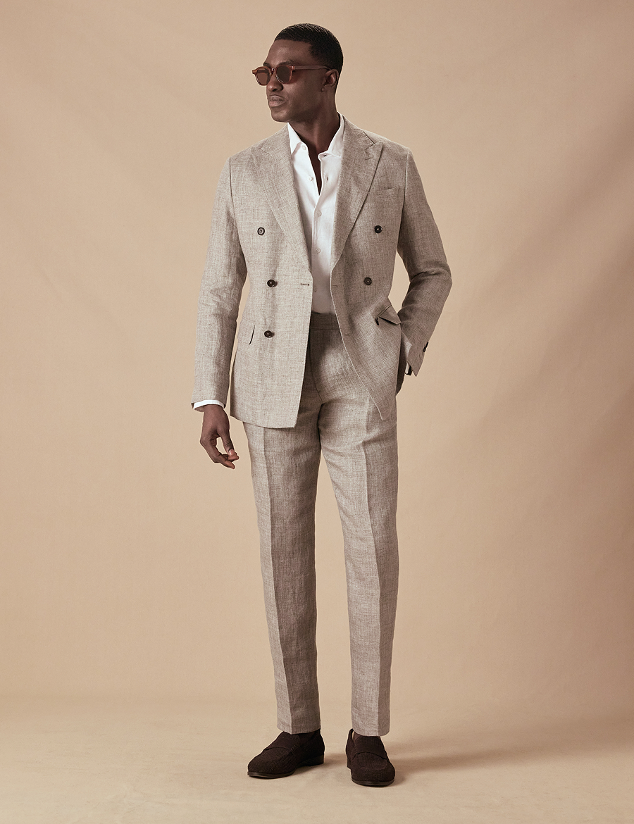Tailored Fit Brown Melange 1913 Linen Pleated Suit Trousers With Side Adjusters