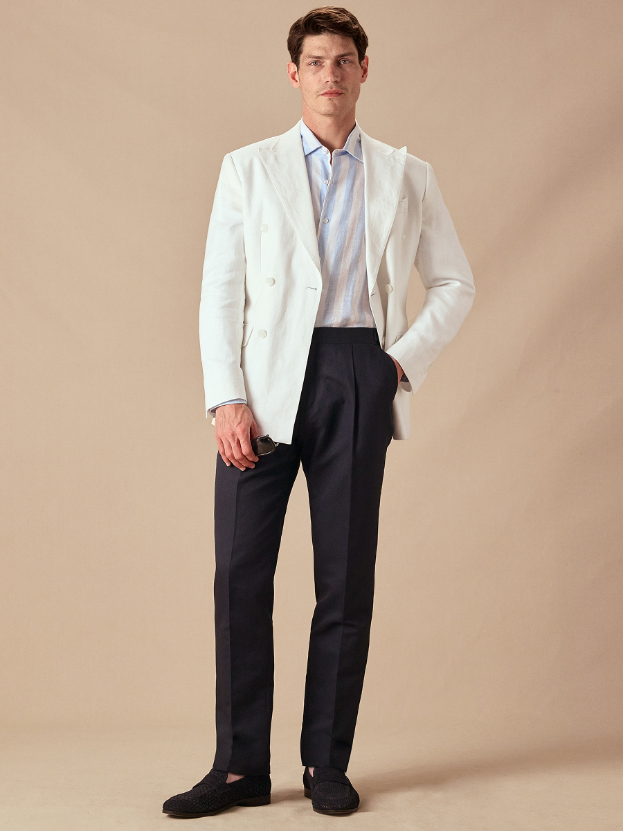Regular Fit Navy Pleated Trousers With Side Adjusters