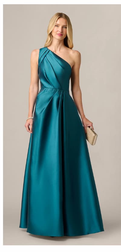 One Shoulder Mikado Asymmetrical Pleated Ballgown In Hunter