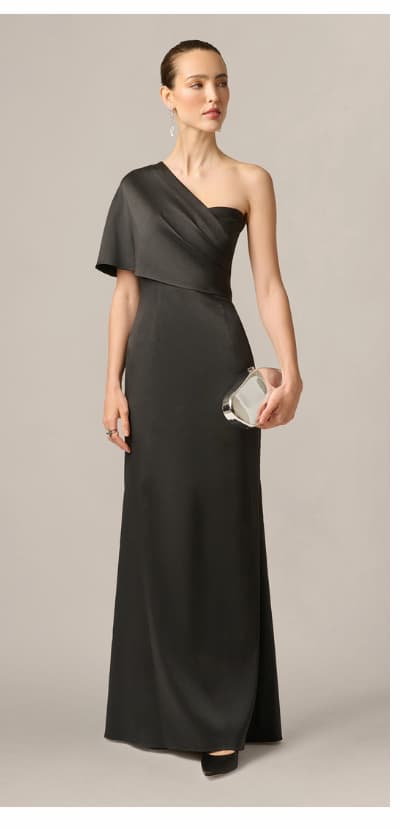 Draped One Shoulder Stretch Mikado Mermaid Gown In Black