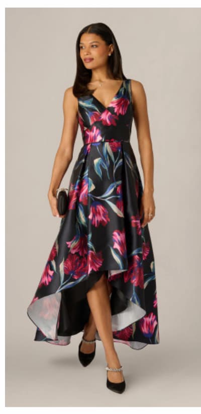 Floral Print Mikado High Low Gown In Black Multi