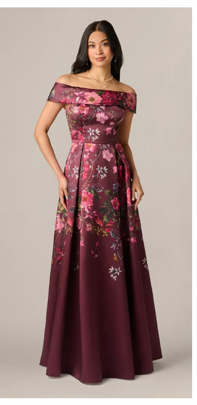 Petite Off Shoulder Garden Floral Mikado Ballgown In Burgundy Multi