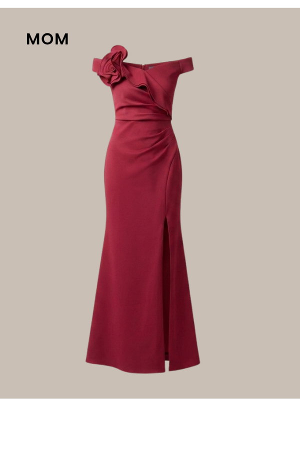 Off Shoulder Rosette Stretch Mermaid Gown In Crimson Haze