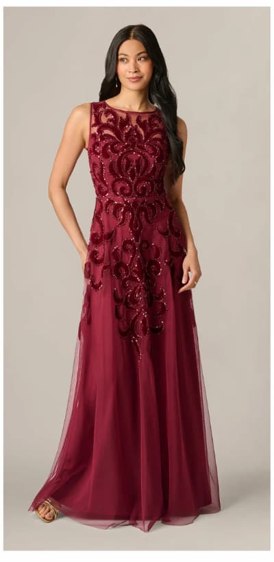 Baroque Scroll Velvet Beaded Gown In Mahogany