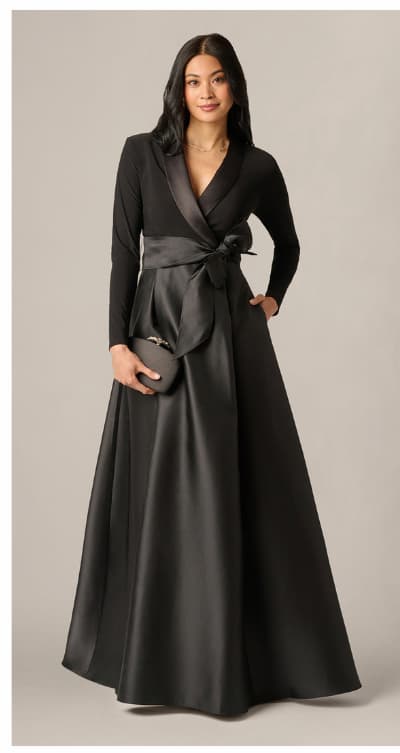Long Sleeve Sash Belt Tuxedo Combo Gown In Black