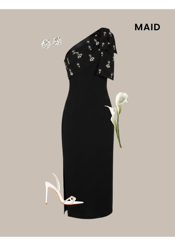 Pearly Beaded Bow Shoulder Midi Dress In Black