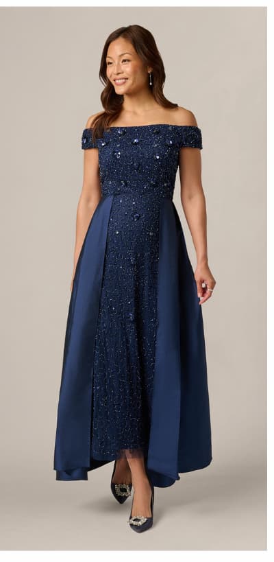 Off Shoulder Taffeta Overlay Beaded Gown In Light Navy