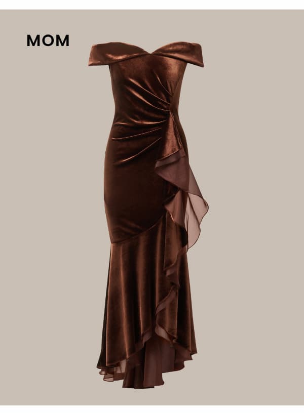 Off The Shoulder Velvet Mermaid Gown With Organza Ruffle In Dark Brown