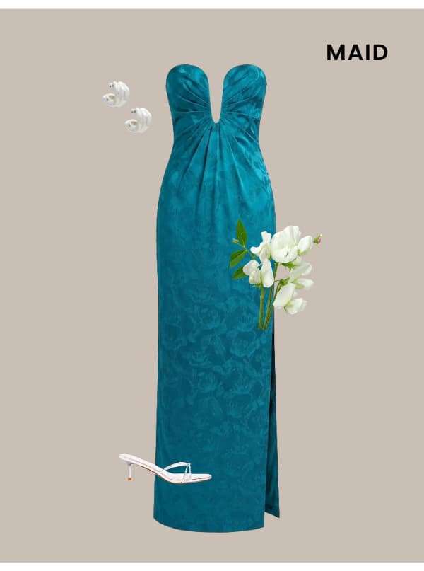 Strapless Floral Jacquard Plunge Gown In Peacock