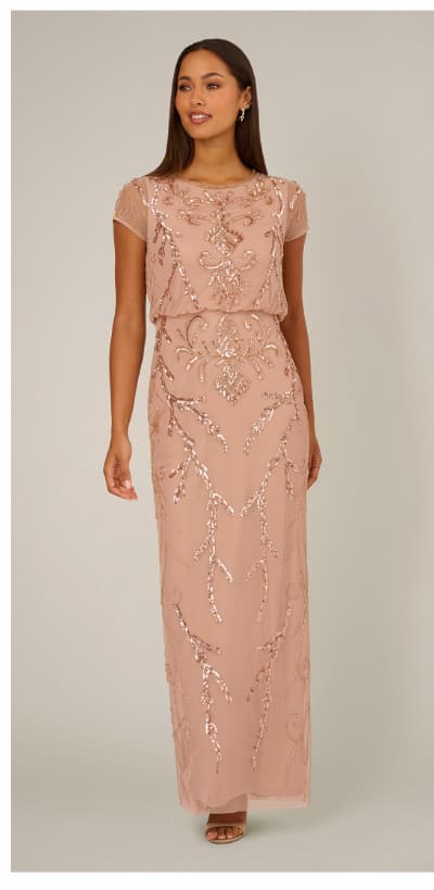 Short Sleeve Beaded Blouson Gown In Rose Gold