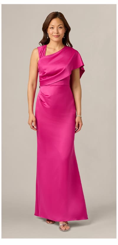 Asymmetrical Draped Satin Cape Gown In Berry Rose