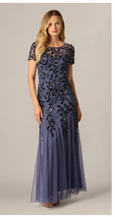 Hand Beaded Short Sleeve Floral Godet Gown In Smoky Peri