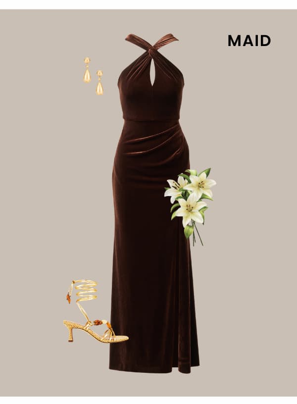 Velvet Keyhole Halter Mermaid Gown In Dark Brown