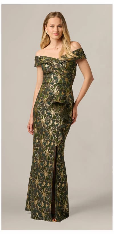 Off Shoulder Jacquard Gown In Olive Gold