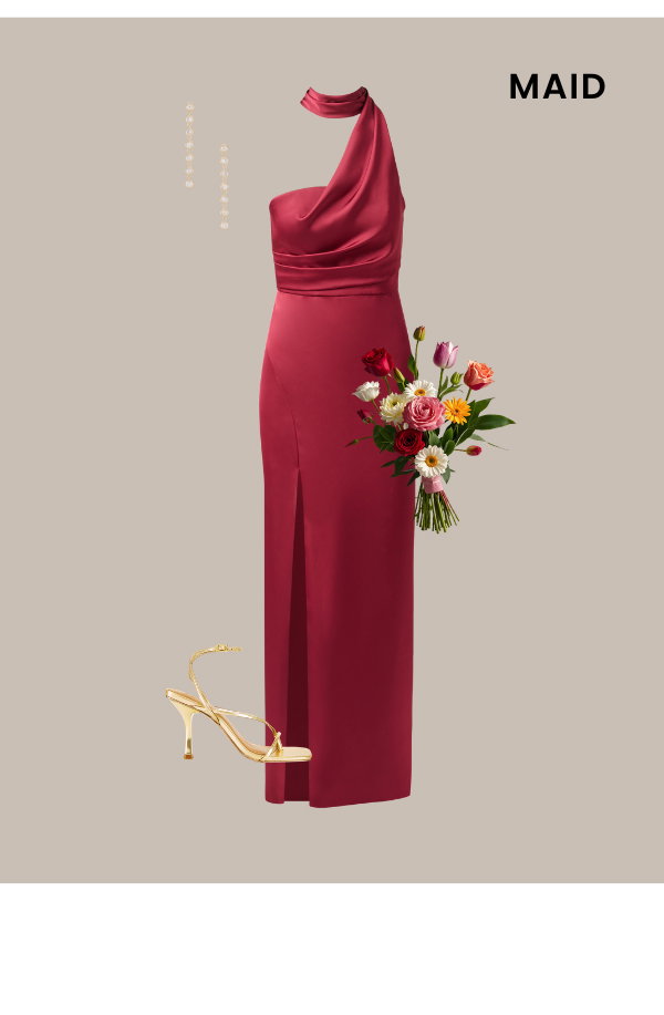 Stretch Satin Asymmetrical Halter Gown In Crimson Haze