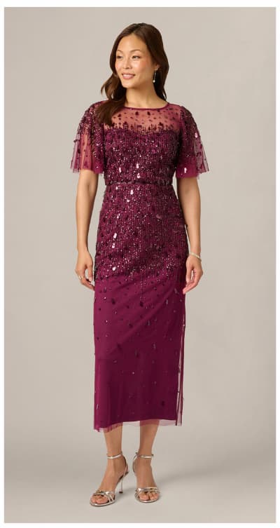 Flutter Sleeve Sequin Beaded Midi Dress In Bordeaux