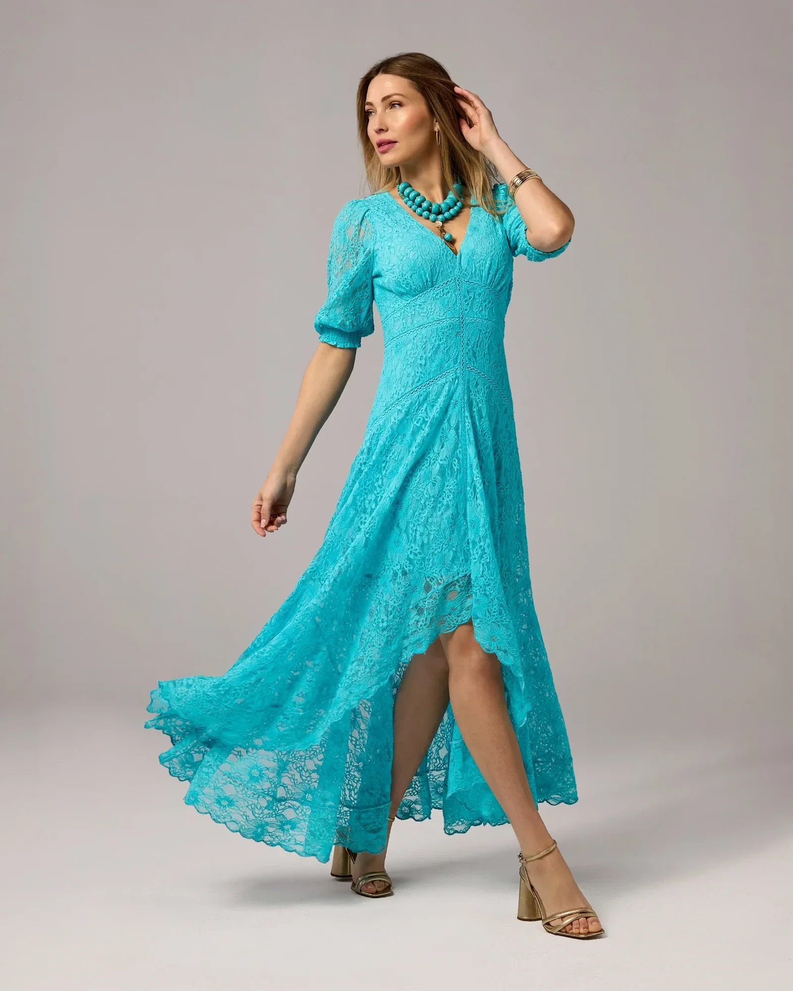 Image of Lace High Low Puff Sleeve Maxi Dress Capri