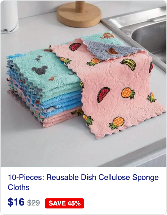 10-Pieces: Reusable Dish Cellulose Sponge Cloths