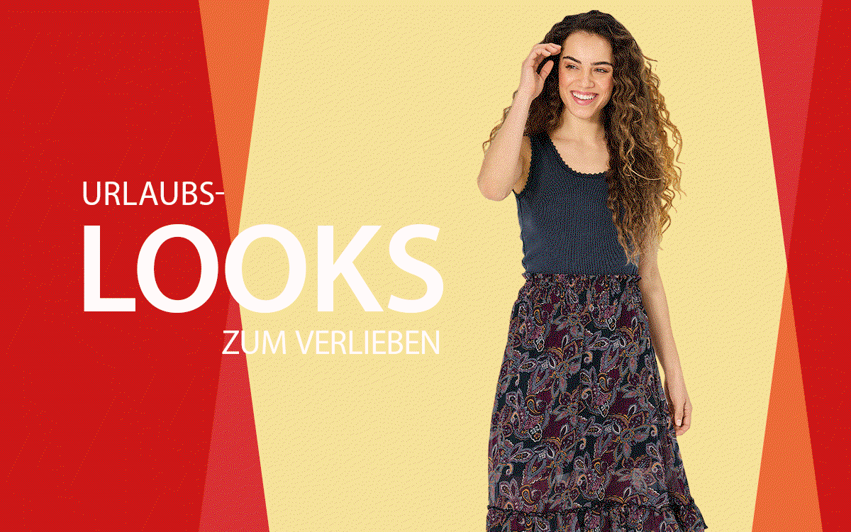 GIF mit Schriftzug: "URLAUBS-LOOKS ZUM VERLIEBEN", Damenmodel mit grünem Badeanzug, Damenmodel mit weißem Strandkleid, Damenmodel mit kurzem Zweiteiler, Damenmodel mit weißer Hose und gestreiftem T-Shirt.