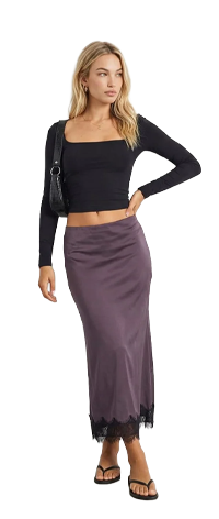 Purple Satin Midaxi Skirt Elastic Waist Bias Cut Lined