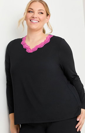 Modal Lace Trim Pyjama Top in Black