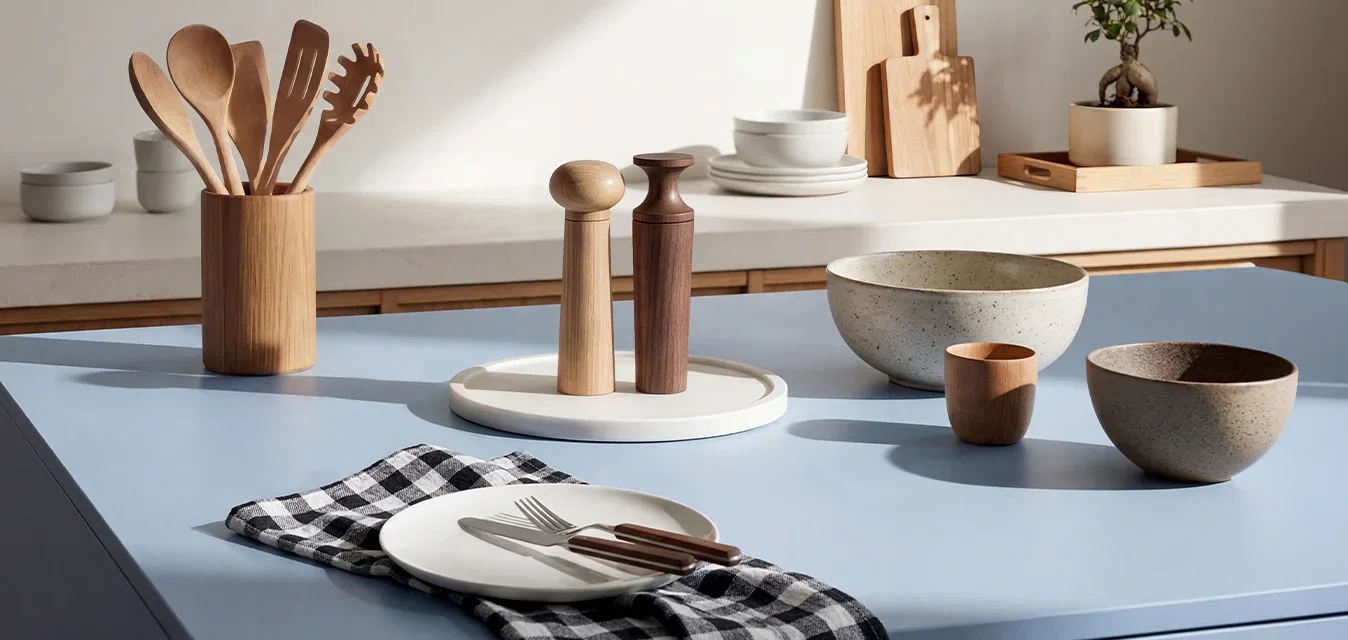 Isla de cocina azul con utensilios de madera, molinillos de sal y pimienta, cuencos, una planta y un plato con cubiertos sobre un paño a cuadros.