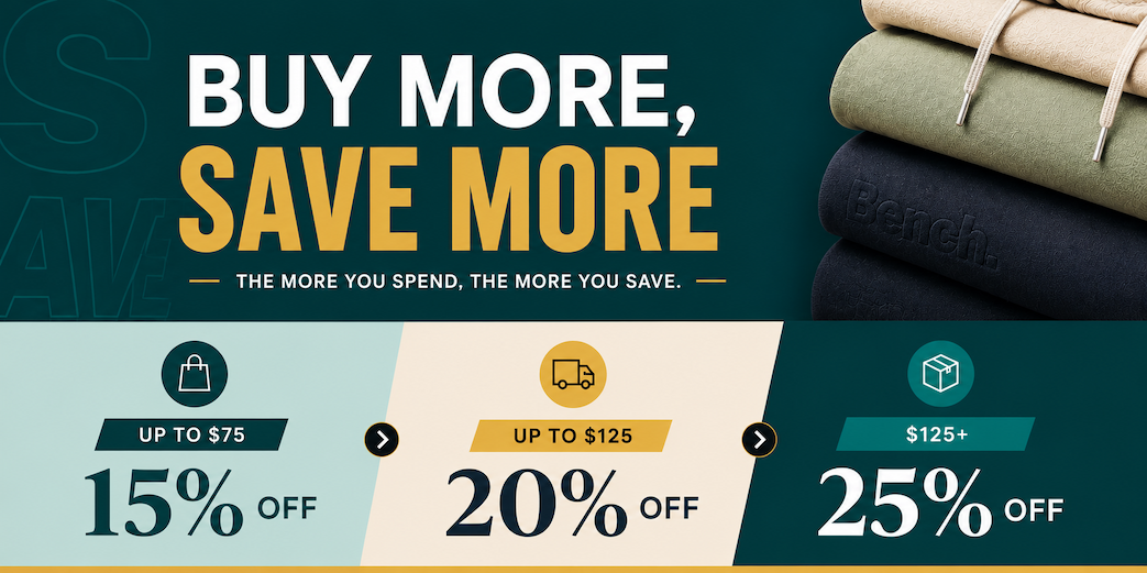 Buy more, save more: 15% off $75, 20% off $76-$125, 25% off $126+.