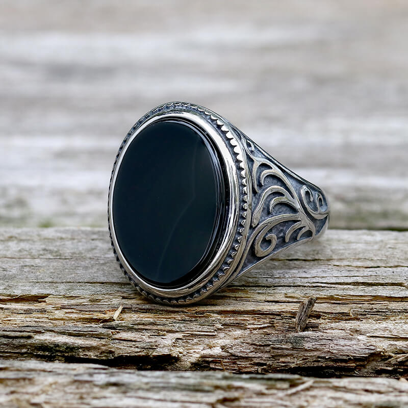 Image of Black Oval Agate Carved Stainless Steel Ring