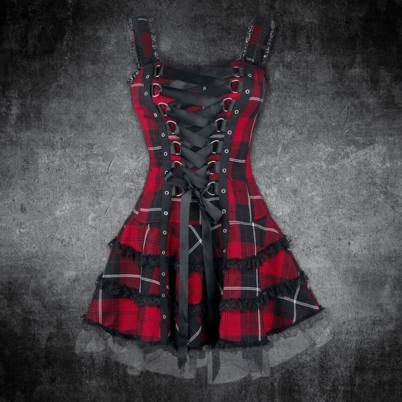 Image of Plaid Lace Up Gothic Mini Dress