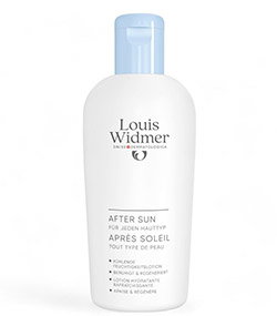 Louis Widmer After Sun lotion bottle with pale blue flip cap – soothing after-sun care for sensitive skin