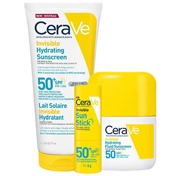 CeraVe trio: Invisible Hydrating Sunscreen tube, Sun Stick and Hydrating Fluid SPF 50 broad-spectrum daily face and body protection