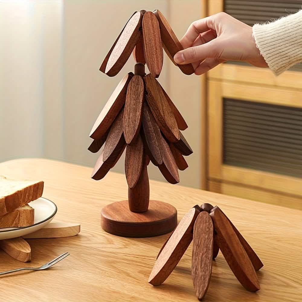Image of Solid Wood Heat-Resistant Table Mats – Tree-Shaped Coasters Set