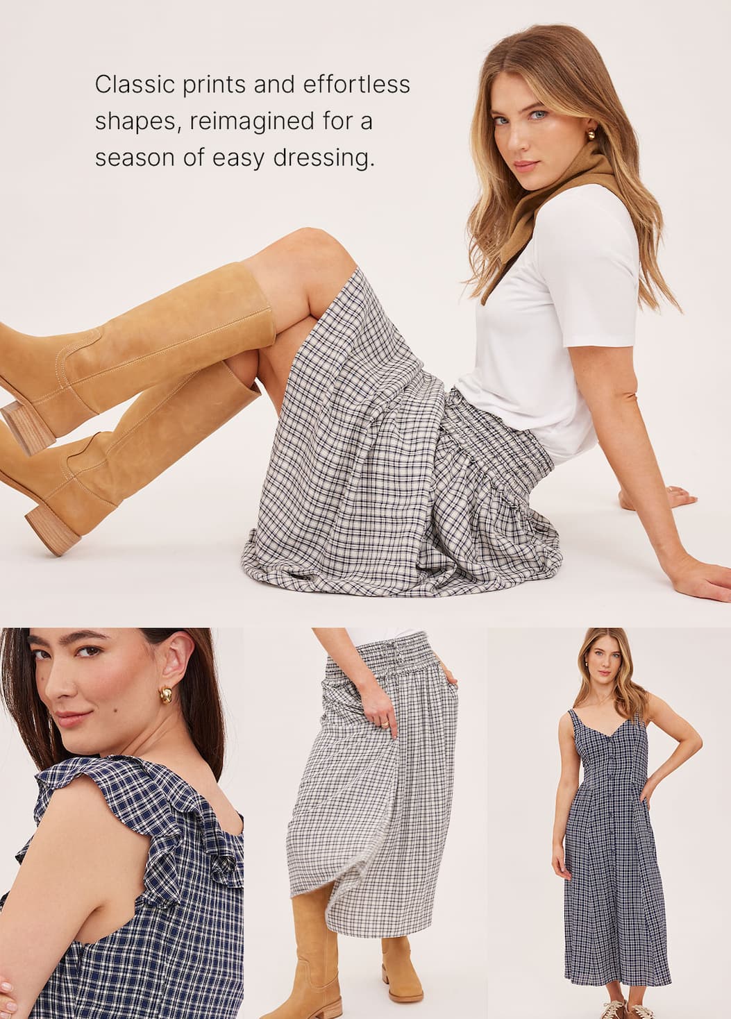 Model wears a white tee with a check midi skirt and tall suede boots. Heritage Checks styles shown below.