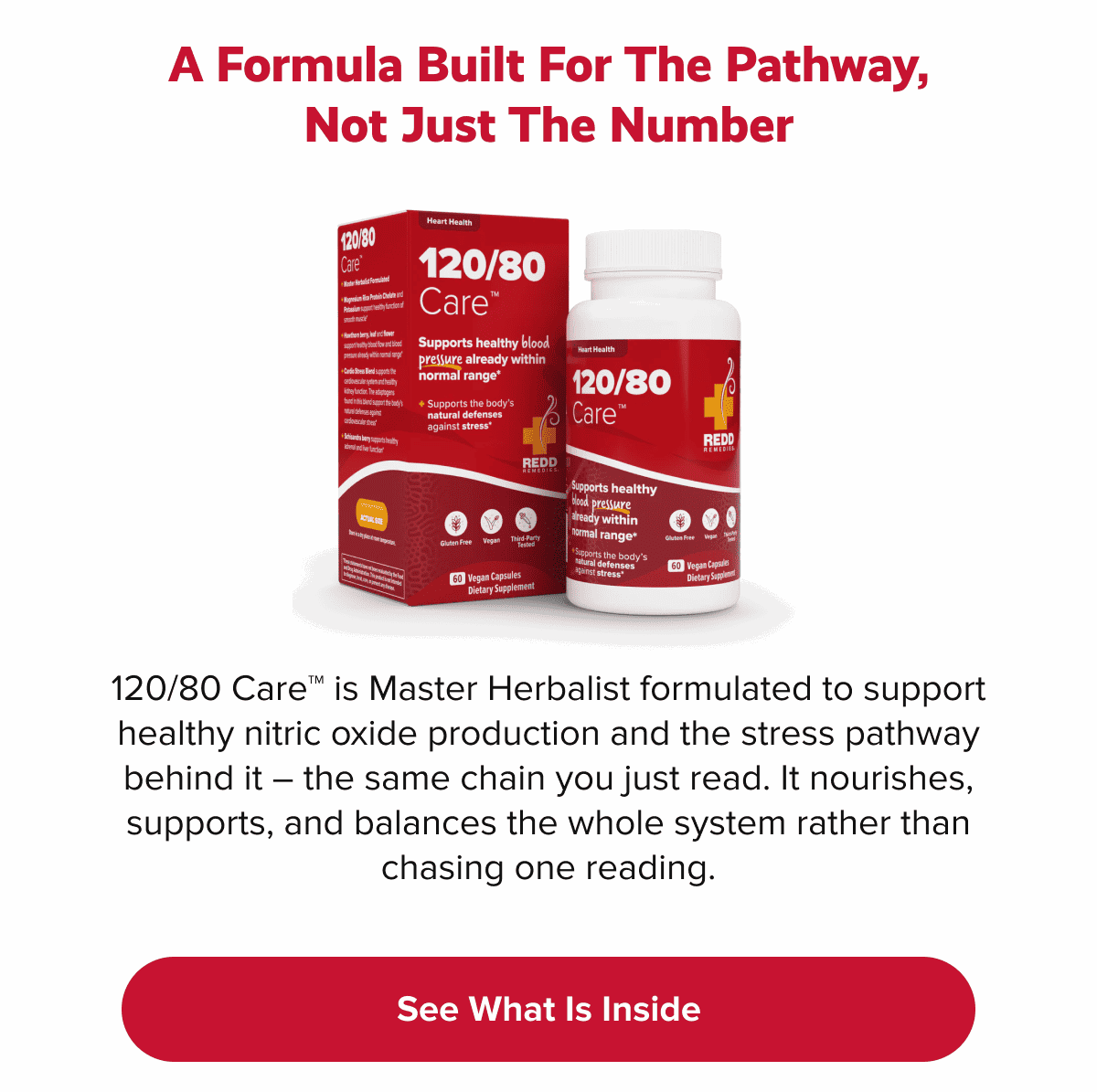 A formula built for the pathway, not just the number | 120/80 Care™ is Master Herbalist formulated to support healthy nitric oxide production and the stress pathway behind it – the same chain you just read. It nourishes, supports, and balances the whole system rather than chasing one reading. | See what is inside