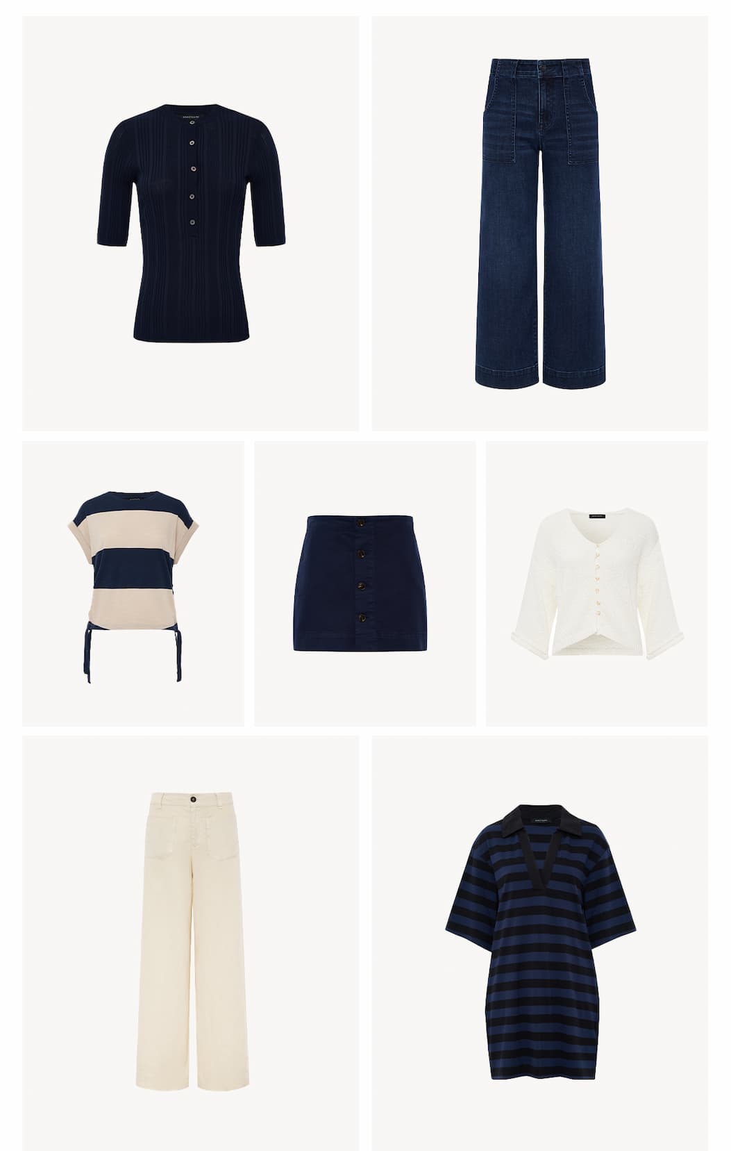 grid of navy tops, denim, pants, and tees with complementary products
