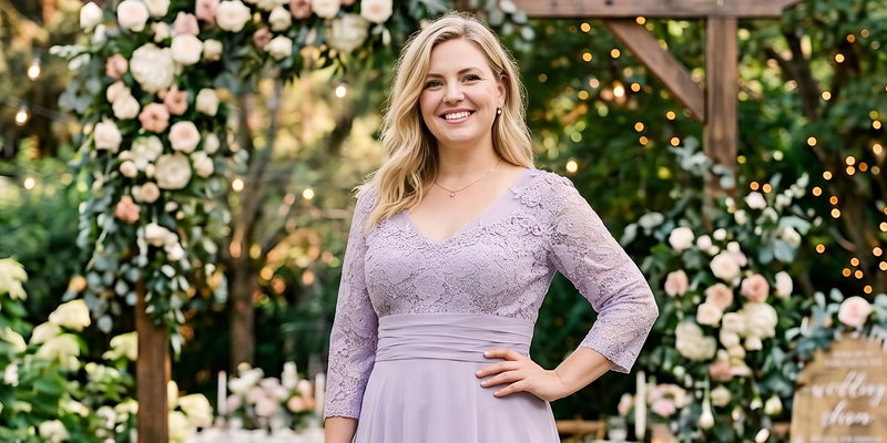 Werbebanner mit sympathischer Frau vor einer Hochzeitskulisse in einem basslila Kleid mit Spitze am Oberteil und Ärmeln.