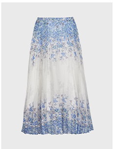 White Semi-Sheer Pleated Midi Skirt With Delicate Blue Floral Print
